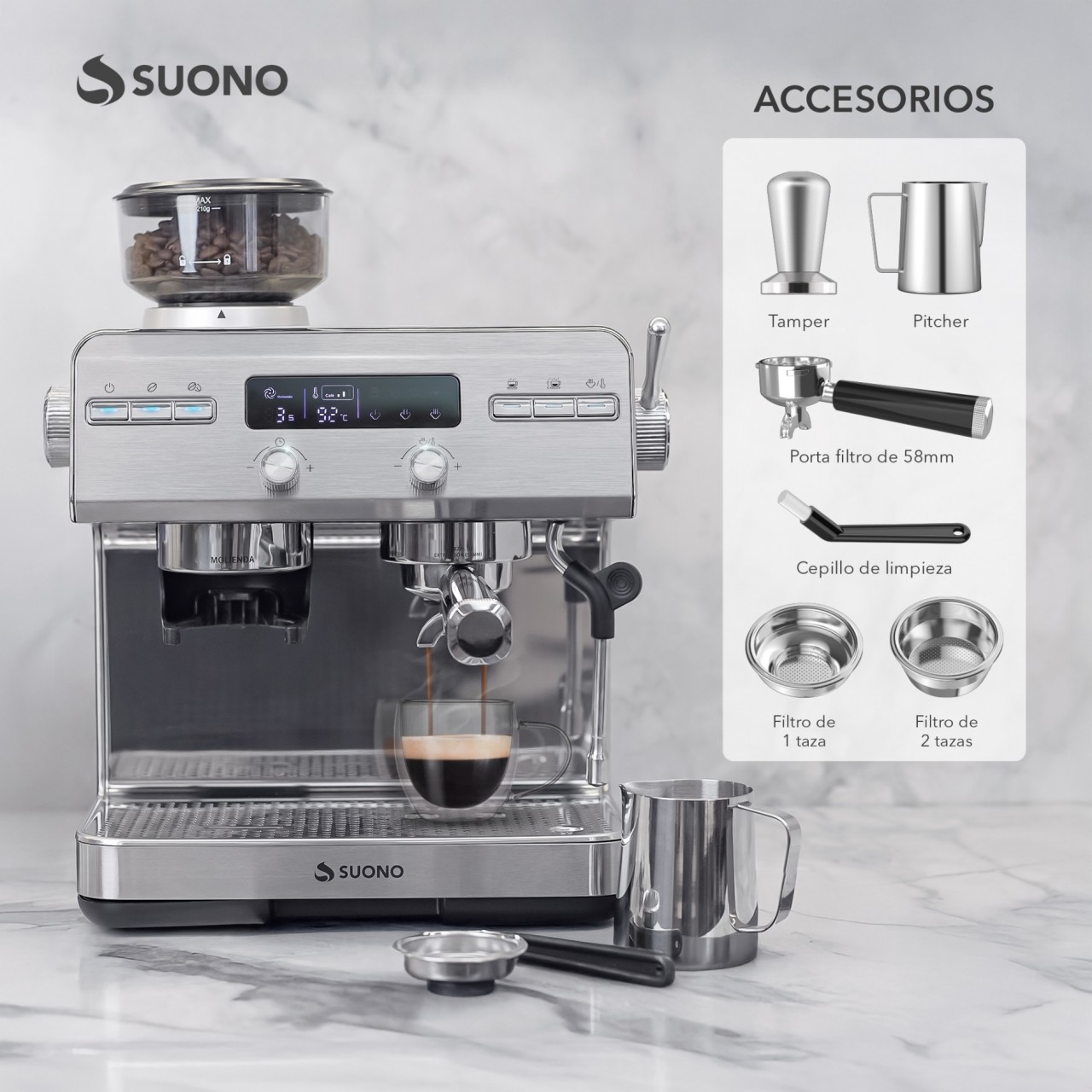 Cafetera Espresso Atelier Suono Con Molinillo Acero