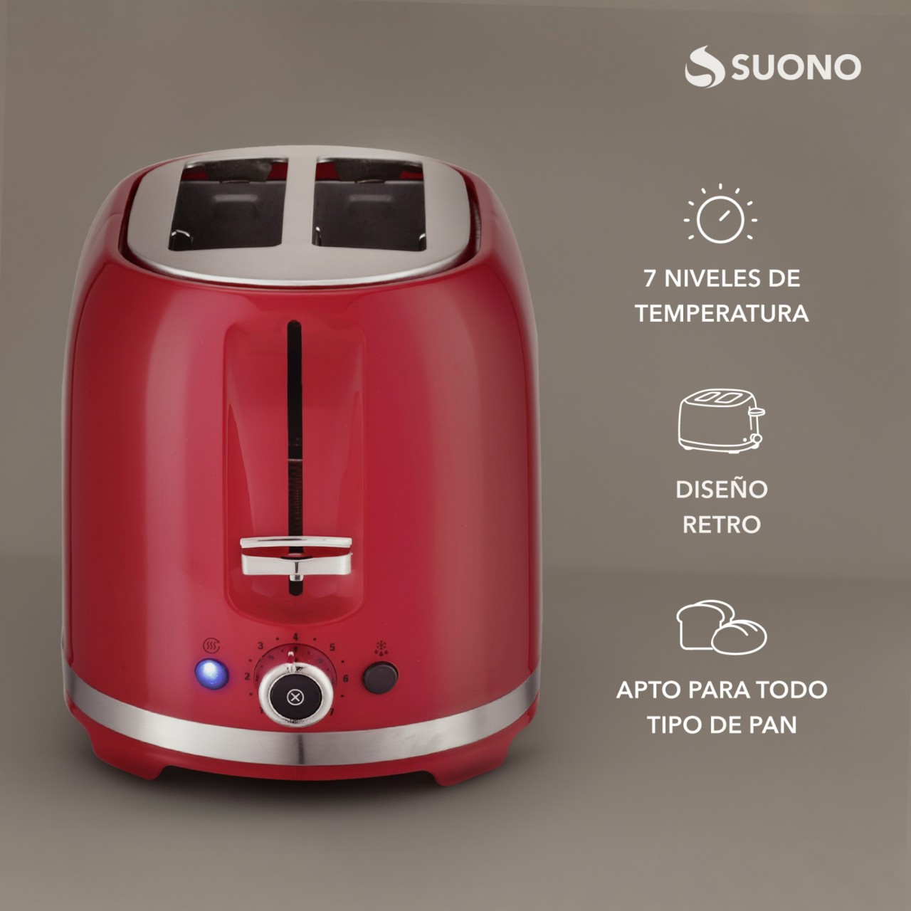 Tostadora Retro 2 Panes 850W Rojo