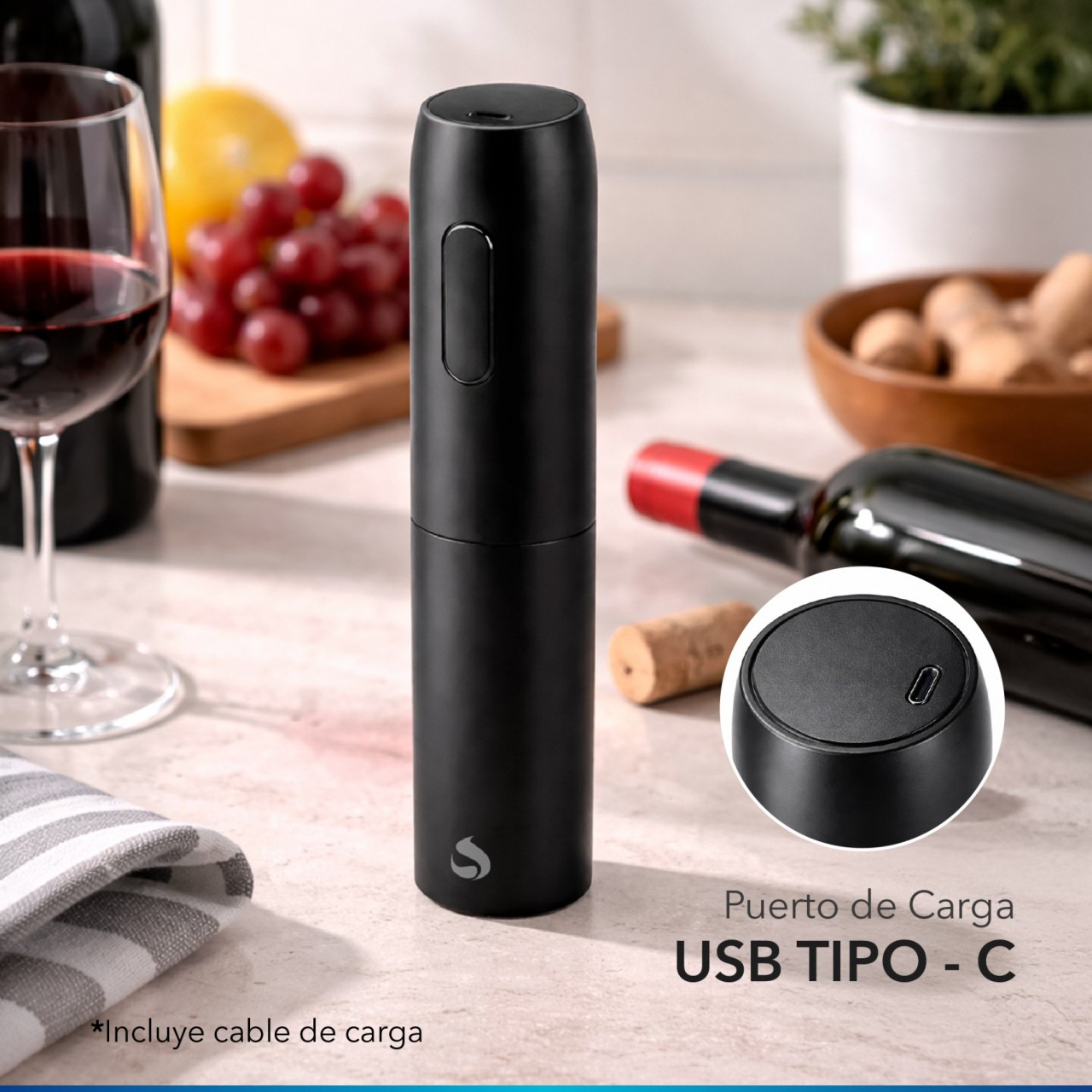 Sacacorcho Eléctrico Recargable Usb Negro