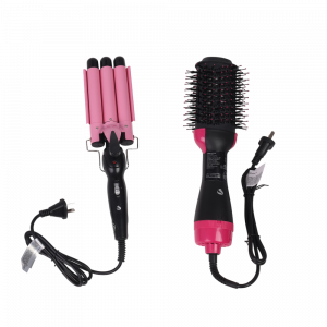 Kit Rizador Triple Y Cepillo Secador Negro
