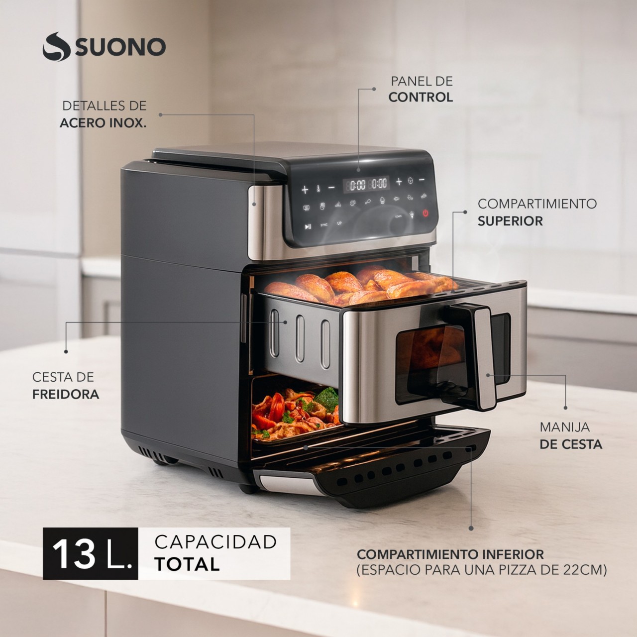 Freidora De Aire + Horno Pizzero Acero