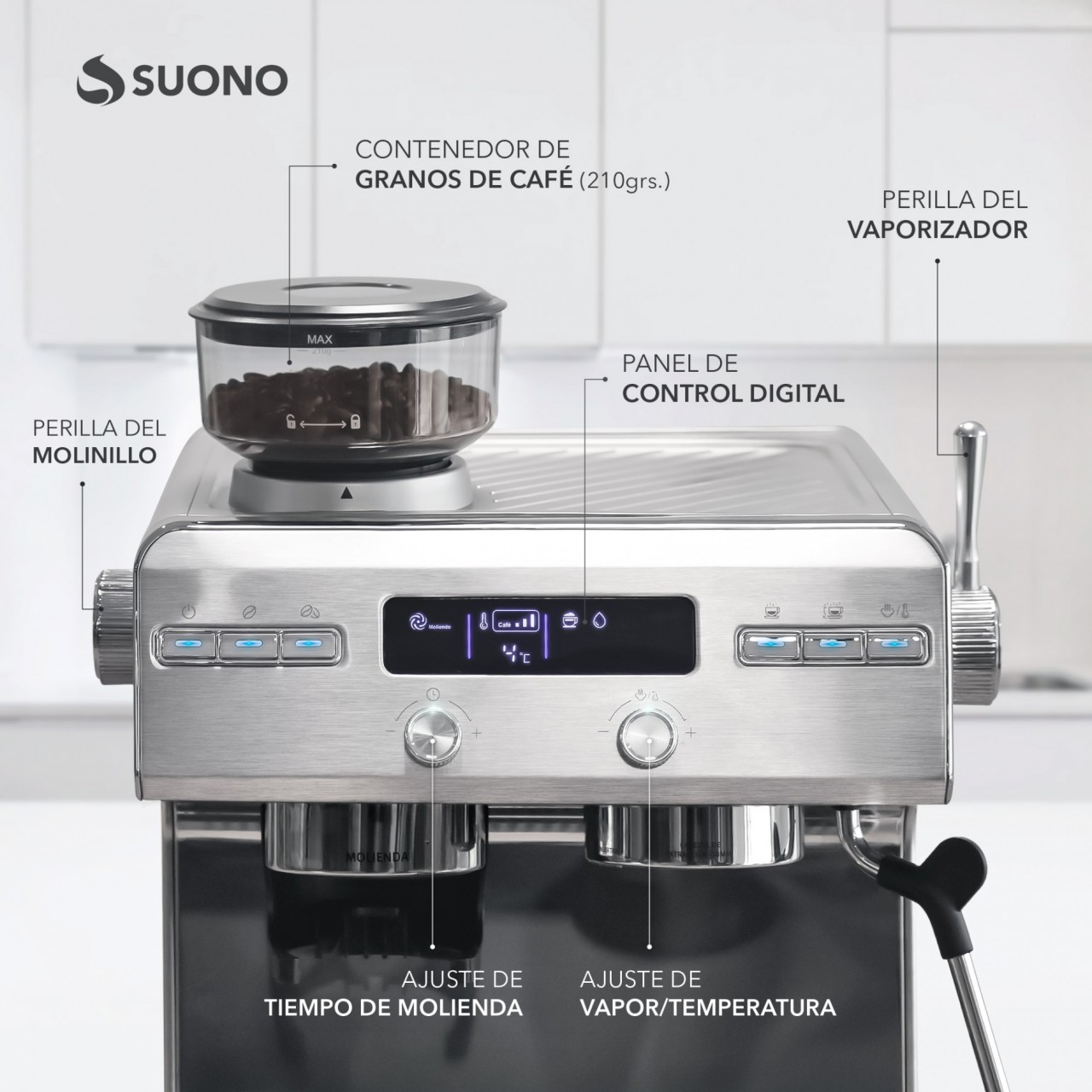 Cafetera Espresso Atelier Suono Con Molinillo Acero