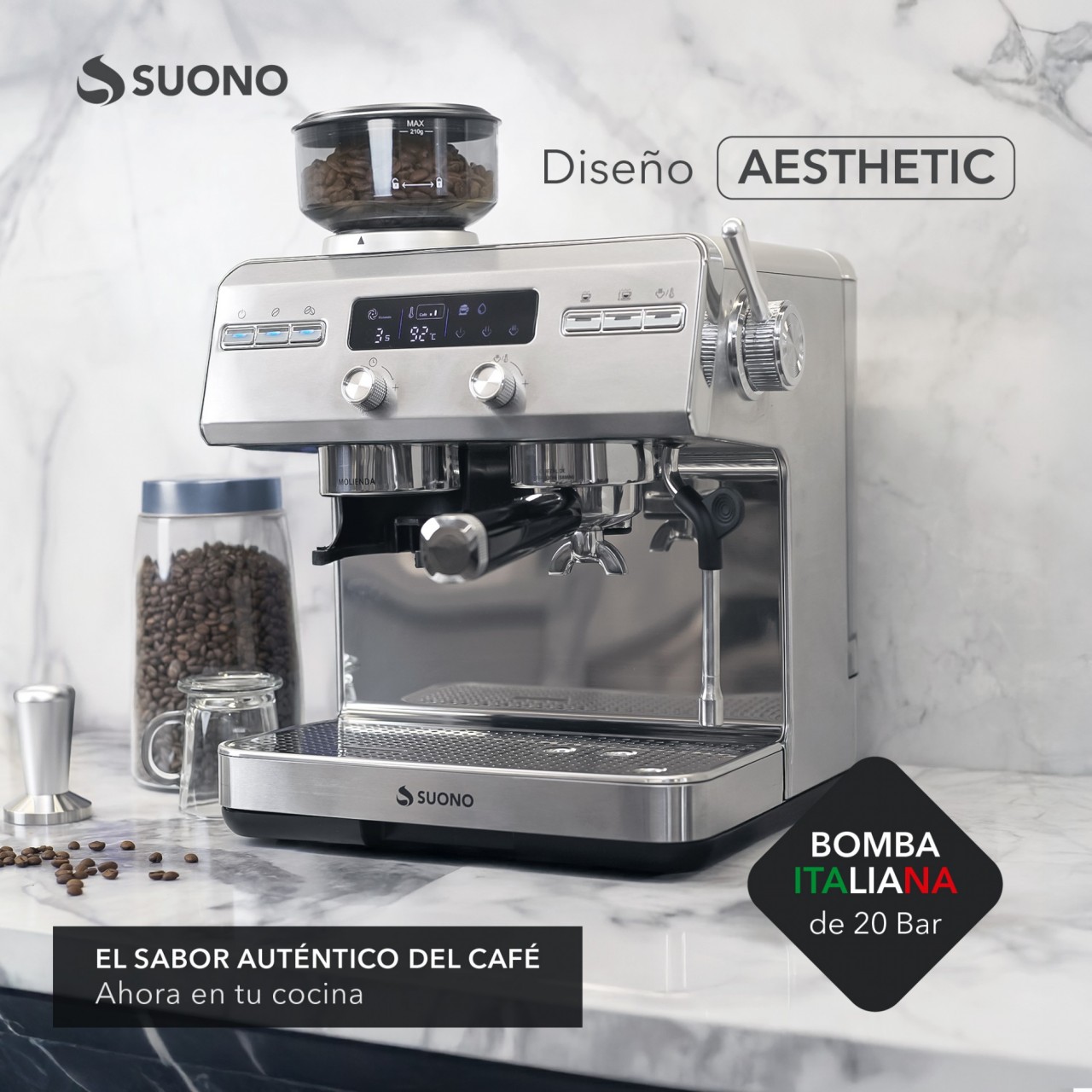 Cafetera Espresso Atelier Suono Con Molinillo Acero